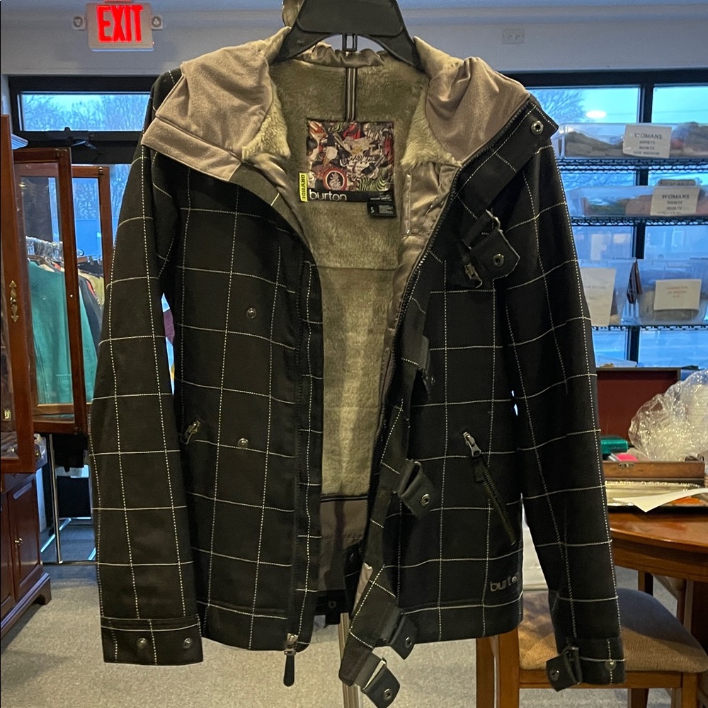 Burton DRYRIDE Ski Snowboard Jacket Black Windowpane Plaid Hooded Winter Coat
